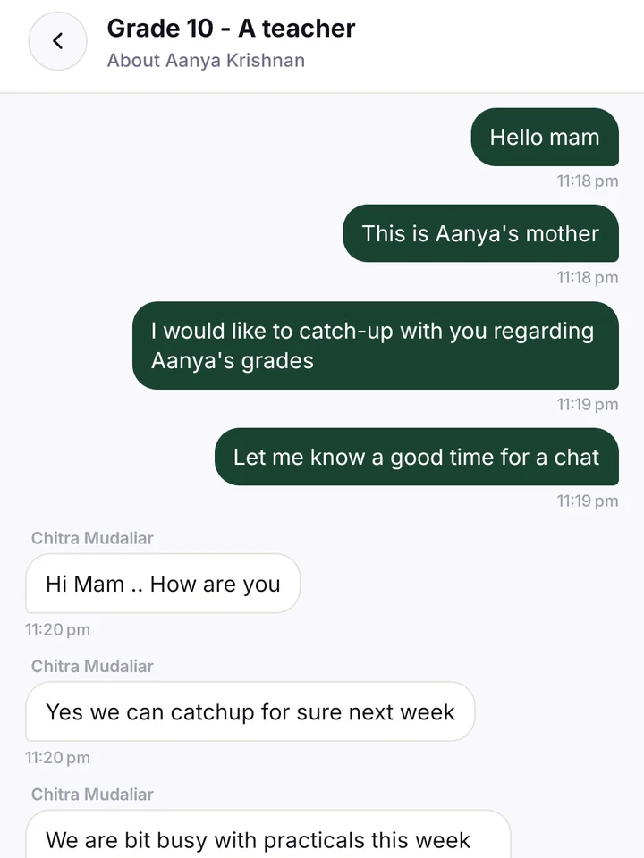 Parent app, real screen: a one-to-one chat between a parent and the class teacher