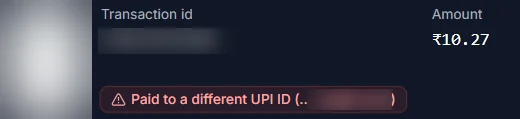 School portal, real screen: the parent’s payment screenshot (blurred) beside what AI read — transaction ID (blurred) and amount ₹10.27 — with a red warning, ‘Paid to a different UPI ID’