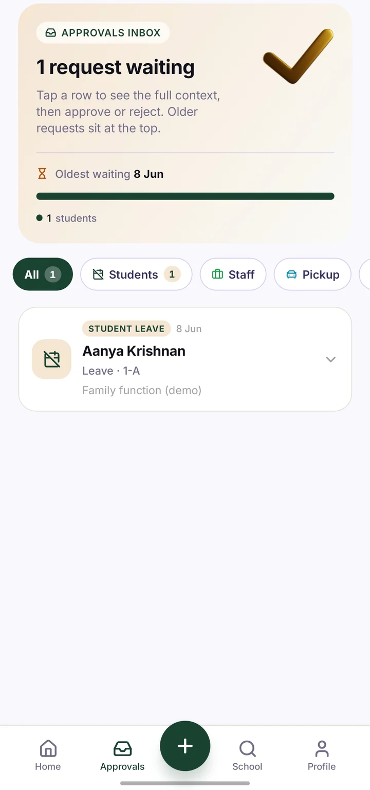 Staff app, real screen: the principal's approvals inbox with one leave request waiting