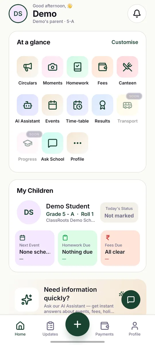 Parent app home: tiles for circulars, moments, homework, fees, events, the timetable and results, and the child's day at a glance
