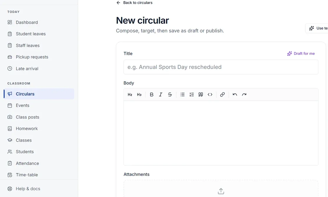 School portal: writing a new circular, with part of the menu down the side