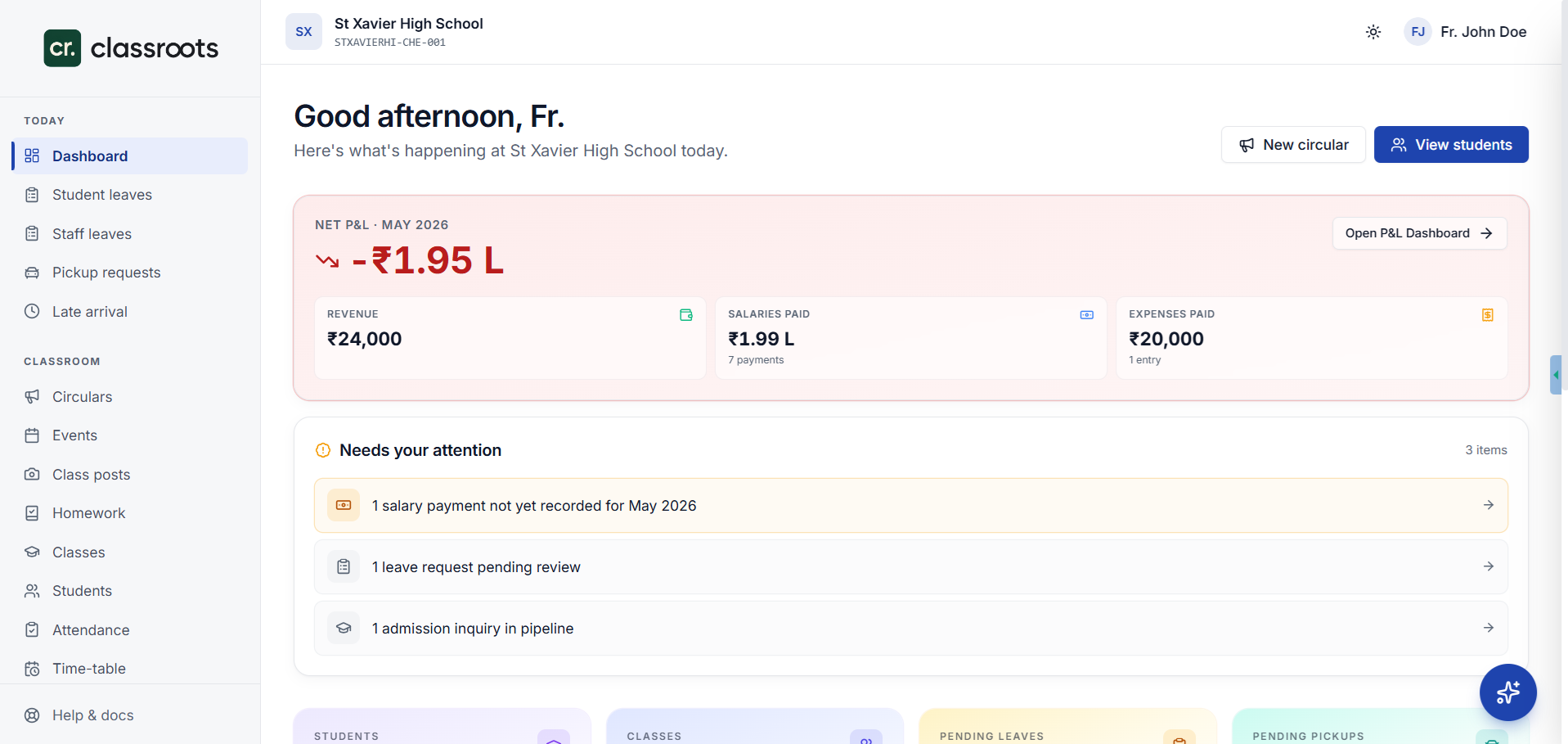 ClassRoots school portal dashboard